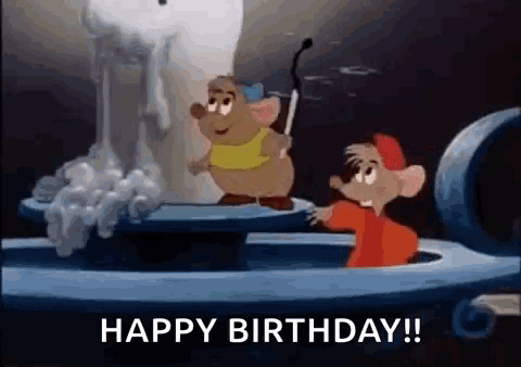two mice from cinderella are standing next to each other in front of a fountain and saying `` happy birthday '' .