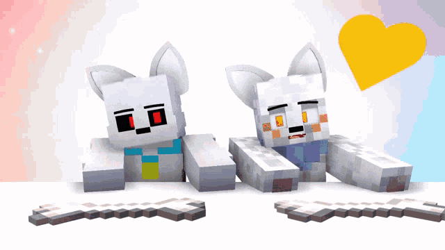 a couple of minecraft characters laying next to each other with a heart in the background