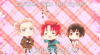 castle coco and ayana thunder squad anime characters on a pink and white checkered background