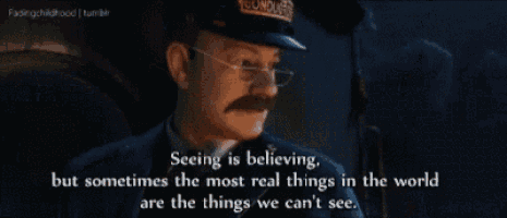 a man with a mustache and glasses is wearing a postman 's hat with the words seeing is believing