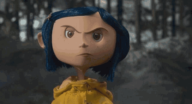 a cartoon character with blue hair and a yellow coat is making an angry face