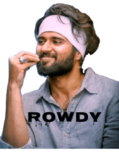 a man with a beard wearing a headband with the word rowdy on it