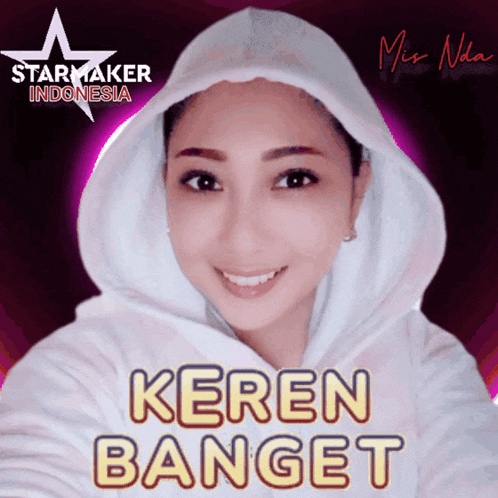 a woman wearing a white hoodie with the words " keren banget " on it
