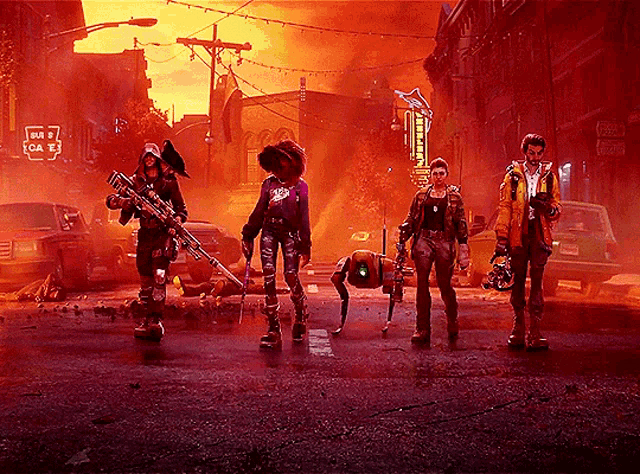 a group of people standing on a street in front of a burning building with a sign that says motel on it
