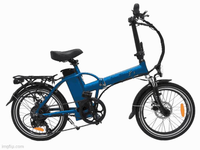 a blue folding bike with a black seat