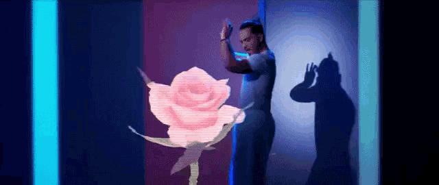 a man is standing in front of a pink rose in a dark room