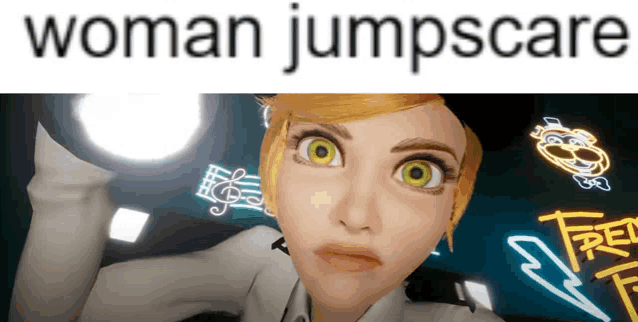a woman with green eyes is holding a flashlight in front of a neon sign that says ' woman jumpscare '
