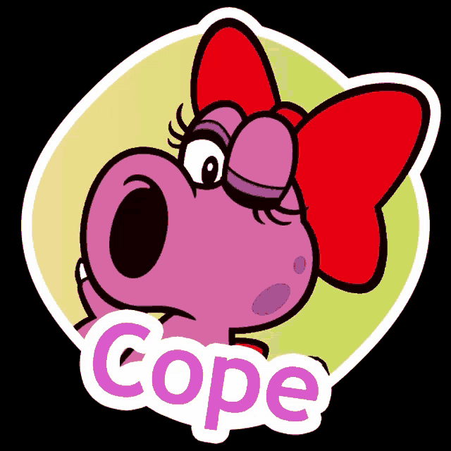 a pink cartoon character with a red bow and the word cope below it