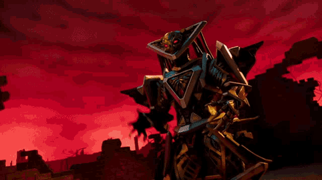 a robot with red eyes is holding a fireball in his hand