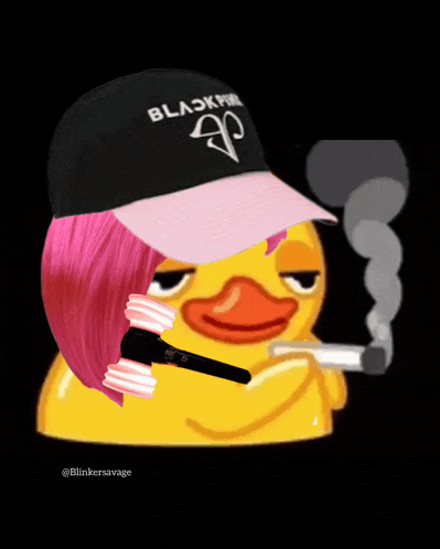 a duck wearing a blackpink hat is smoking a cigar