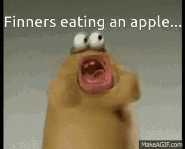 a picture of a cartoon character with the words finners eating an apple below it