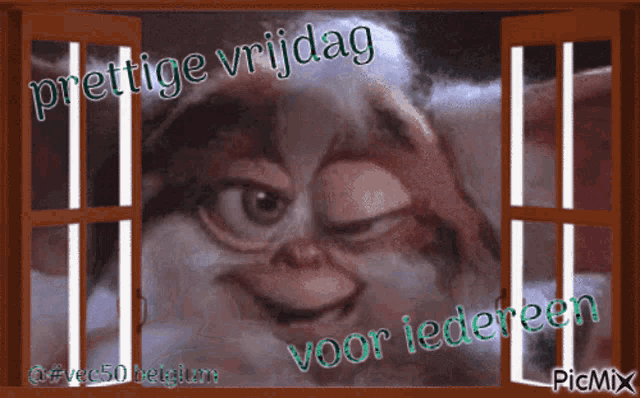 a picture of a gremlin with the words prettige vrijdag voor iedereen on it