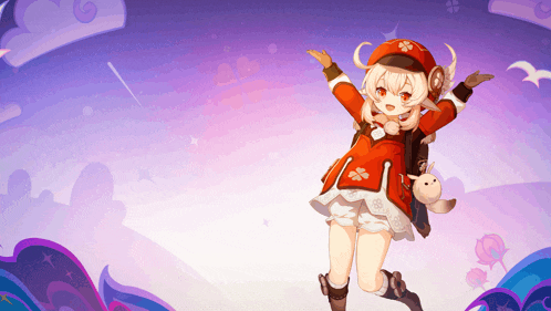 a girl in a red and white outfit is holding a stuffed animal in her hand