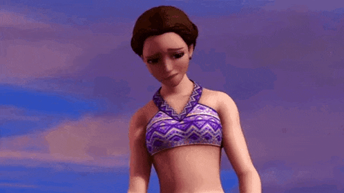 a cartoon girl in a bikini is standing in front of a blue sky and says `` fair enough '' .