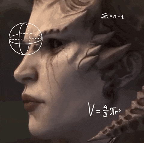 a drawing of a demon 's face with a cube drawn above it