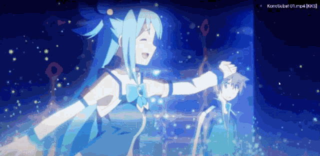 a couple of anime characters are dancing in a dark room with a blue background