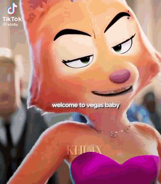 a cartoon character is wearing a pink dress and a necklace and says `` welcome to vegas baby '' .