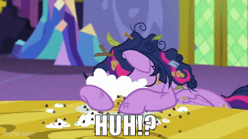 a cartoon of a pony laying on the ground with the words huh written on the bottom