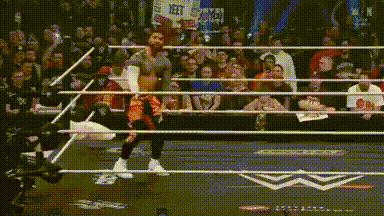 a wrestler is standing in the middle of a wrestling ring with a crowd watching .