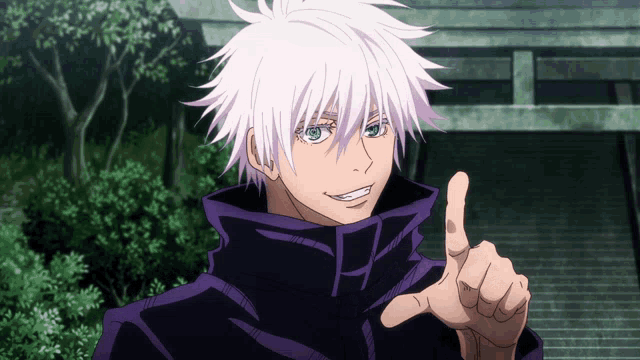 a white haired anime character is pointing up