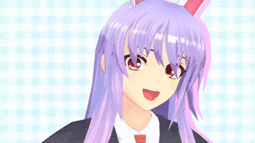 a close up of a cartoon character with purple hair and red eyes