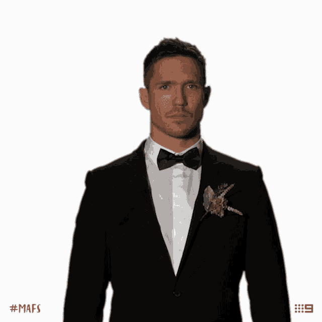 a man in a tuxedo is making a funny face with the hashtag #mafs on the bottom