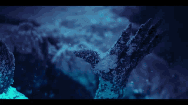 a blue background with a few pieces of ice and a sign that says ' j.p. baker ' on it