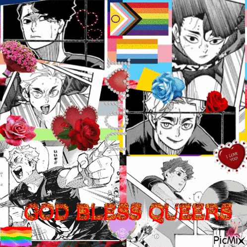 a collage of anime characters with the words god bless queers in red
