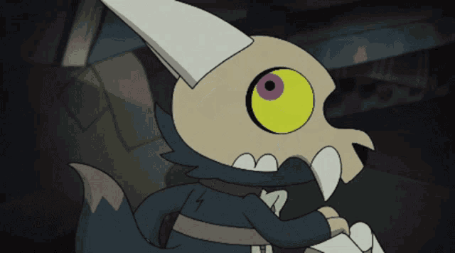 a cartoon character with yellow eyes and sharp teeth looks scared