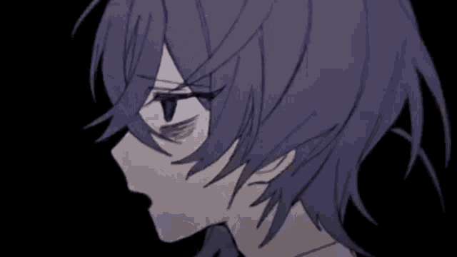 a close up of a person 's face with purple hair and glasses in a dark room .