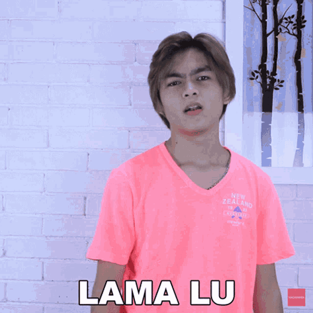 a man wearing a pink shirt that says new zealand