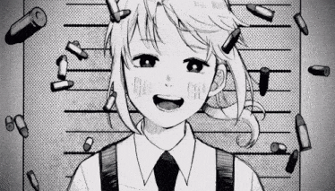 it is a black and white drawing of a girl with bullets coming out of her head .