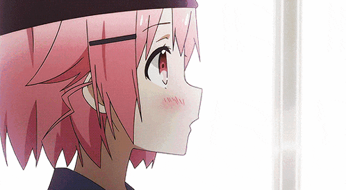 a close up of a pink haired anime character