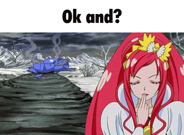 a girl with red hair and a flower in her hair stands in front of a blue robot that says " ok and "