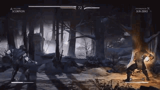 a video game screen shows a scorpion fighting a sub zero