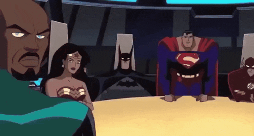 a group of superheroes including batman superman wonder woman and the flash are gathered around a table