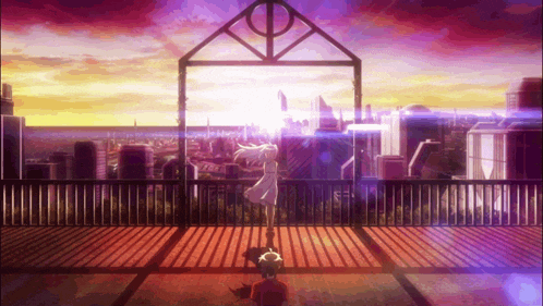 a girl in a white dress stands on a balcony looking out over a city