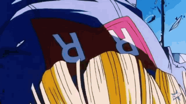 a close up of a cartoon character with the letter r on his shirt