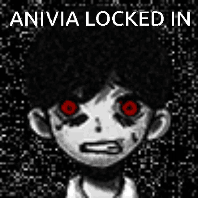 a black and white drawing of a person with red eyes and the words `` anivia locked in '' .