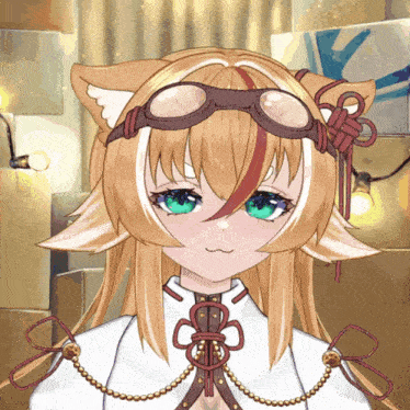 a girl with a cat ear and goggles on