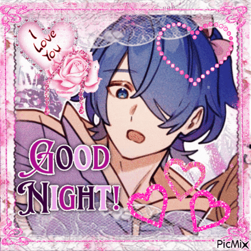 a picture of a boy with blue hair and the words " good night "