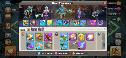 a screenshot of clash of clans showing a hero equipment