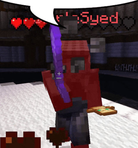a minecraft character is holding a purple sword and has a speech bubble above him that says " syed "