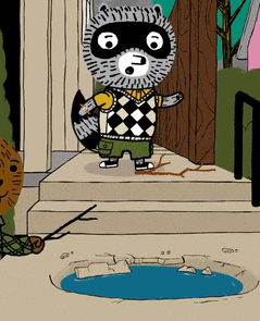 a cartoon drawing of a raccoon with a question mark on his face