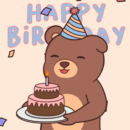 a bear wearing a party hat holds a birthday cake