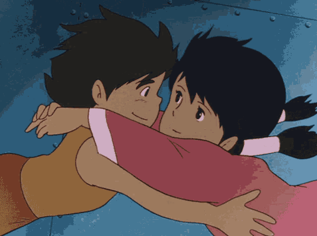 a boy and a girl are hugging in a cartoon