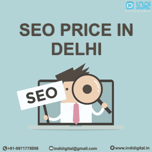 an advertisement for seo price in delhi with a man holding a magnifying glass