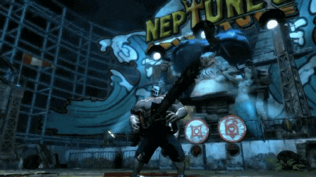 a man holding a chainsaw in front of a wall that says neptune on it