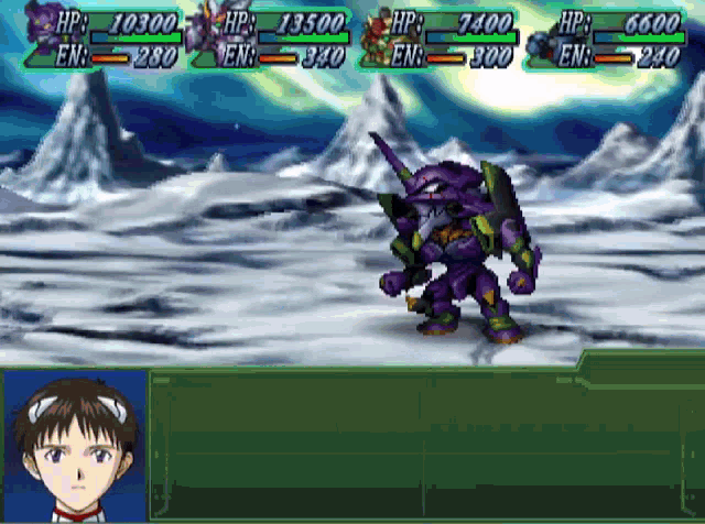 a video game screen shows a purple robot with hps of 10300 and 13500