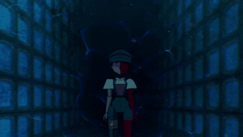 a cartoon character is standing in a dark room with a lot of blue squares